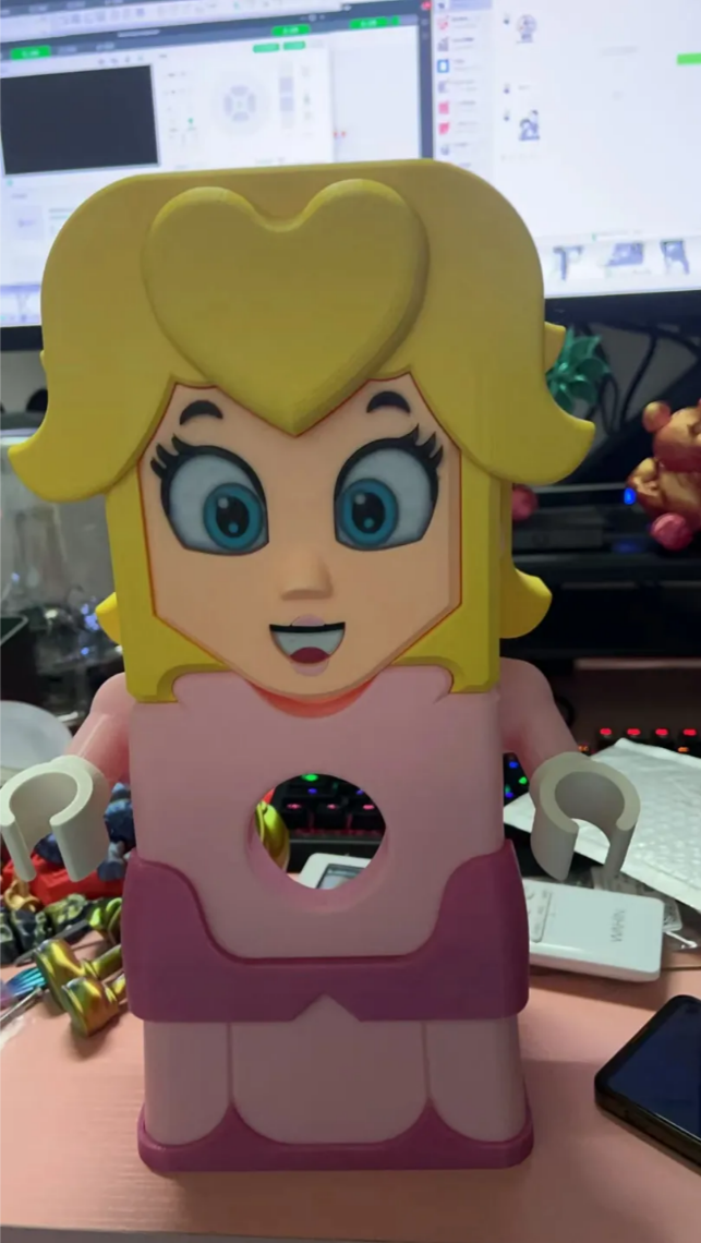 Princess Peach tissue box holder dispenser, desk decoration, weighted & posable arms, HUGE at over 13 inches tall, custom 3D printed, gloves