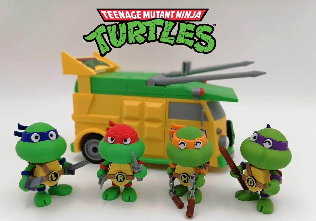 Teenage Mutant Ninja Turtles with Turtle Van – Retro 3D Printed Toy Display