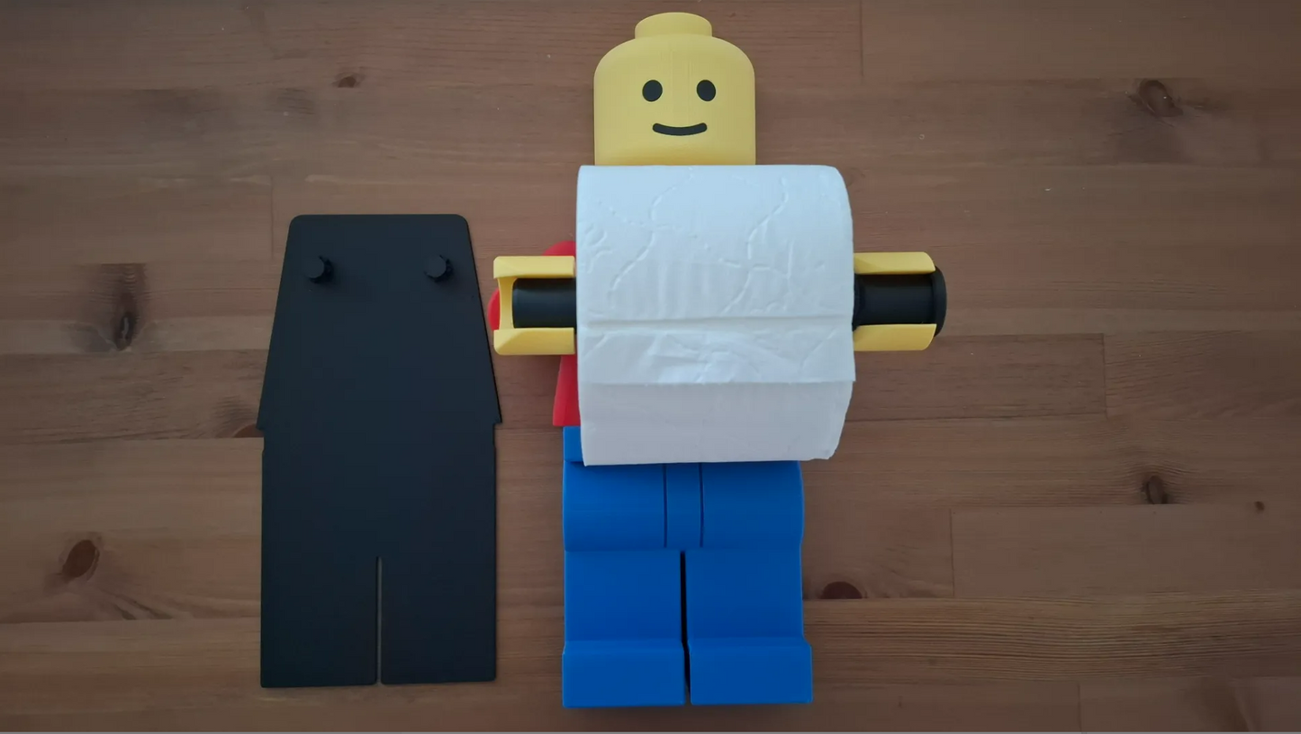 Lego man toilet paper holder come with hair, cowboy hat, tp hat and 2 diferent holder