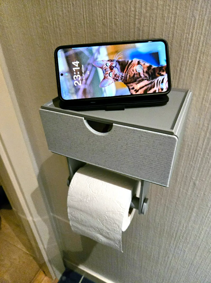 Toilet paper holder with phone shelf storage drawer