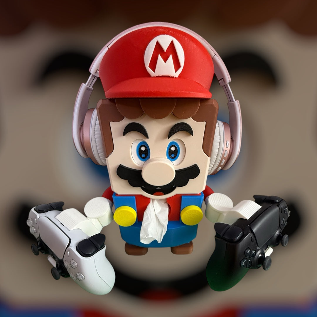 Super Mario tissue box Mario" This Mario comes with a controller holder, you could place a tissue box