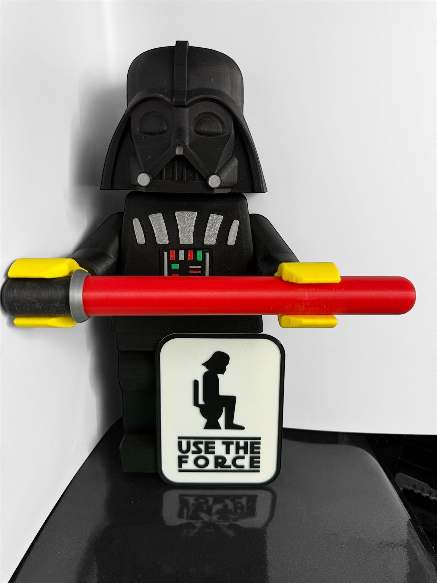 Darth Vather toilet paper holder comes with a shower suction cup hook and a Star Wars sign. "No, I am your father"